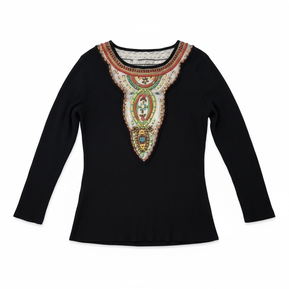 Berek Black Ribbed Knit Beaded Top Medium EUC
